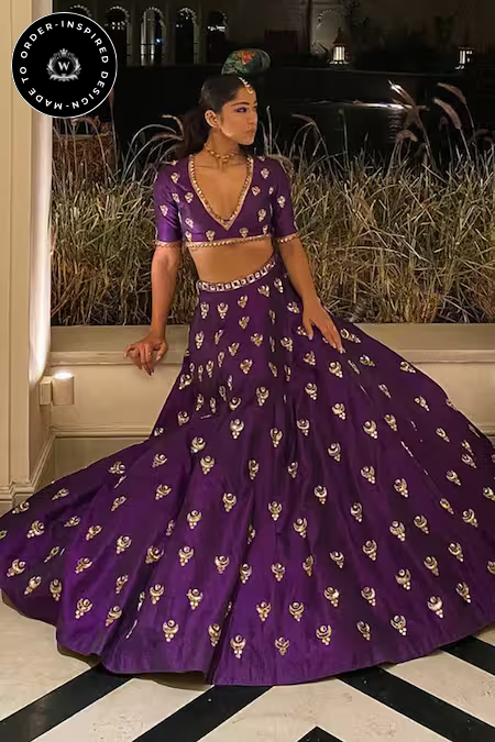 Purple Silk Hand Embroidered Lehenga