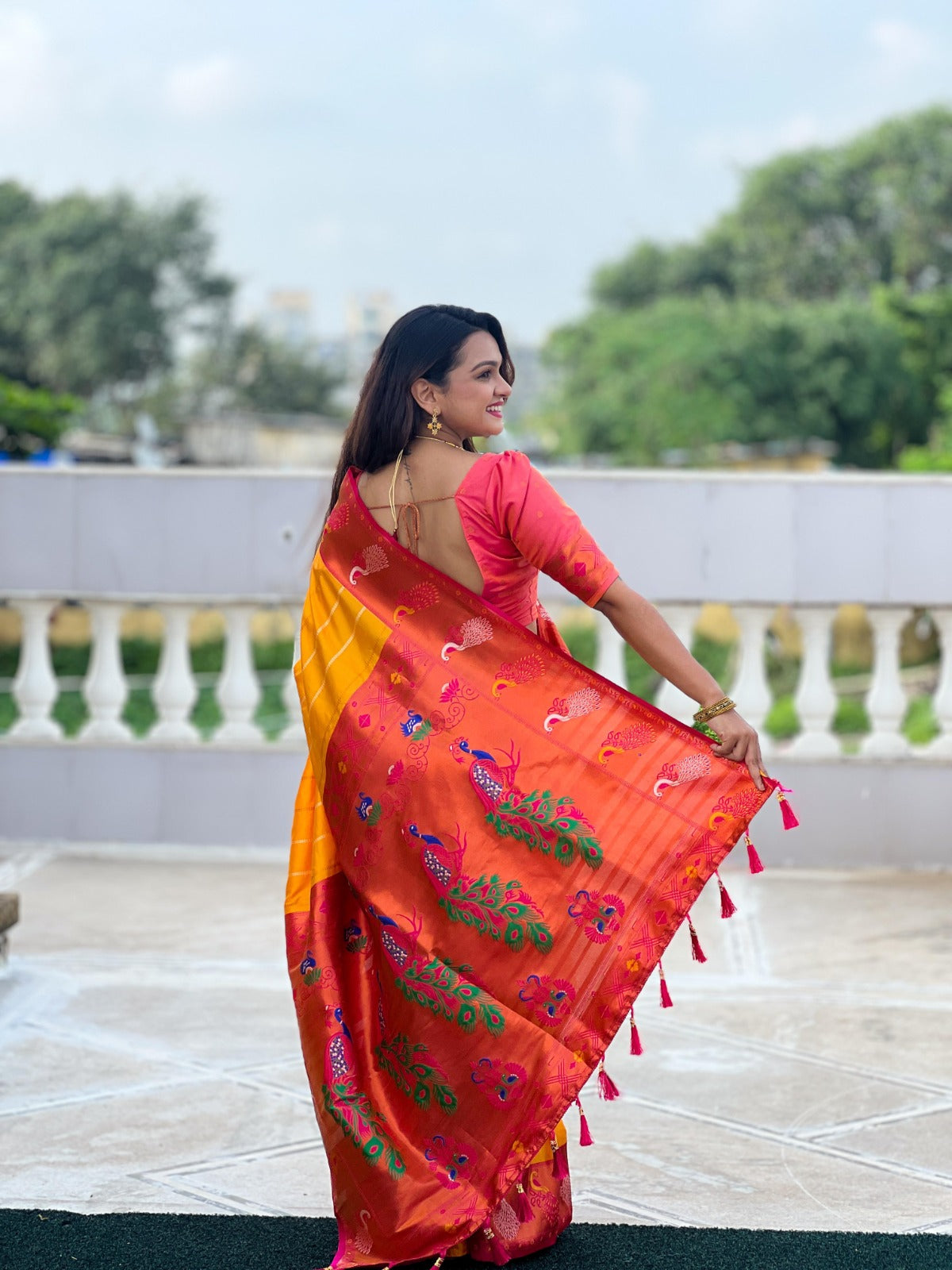 Women Mustard And Coral Paithani Soft Silk Saree