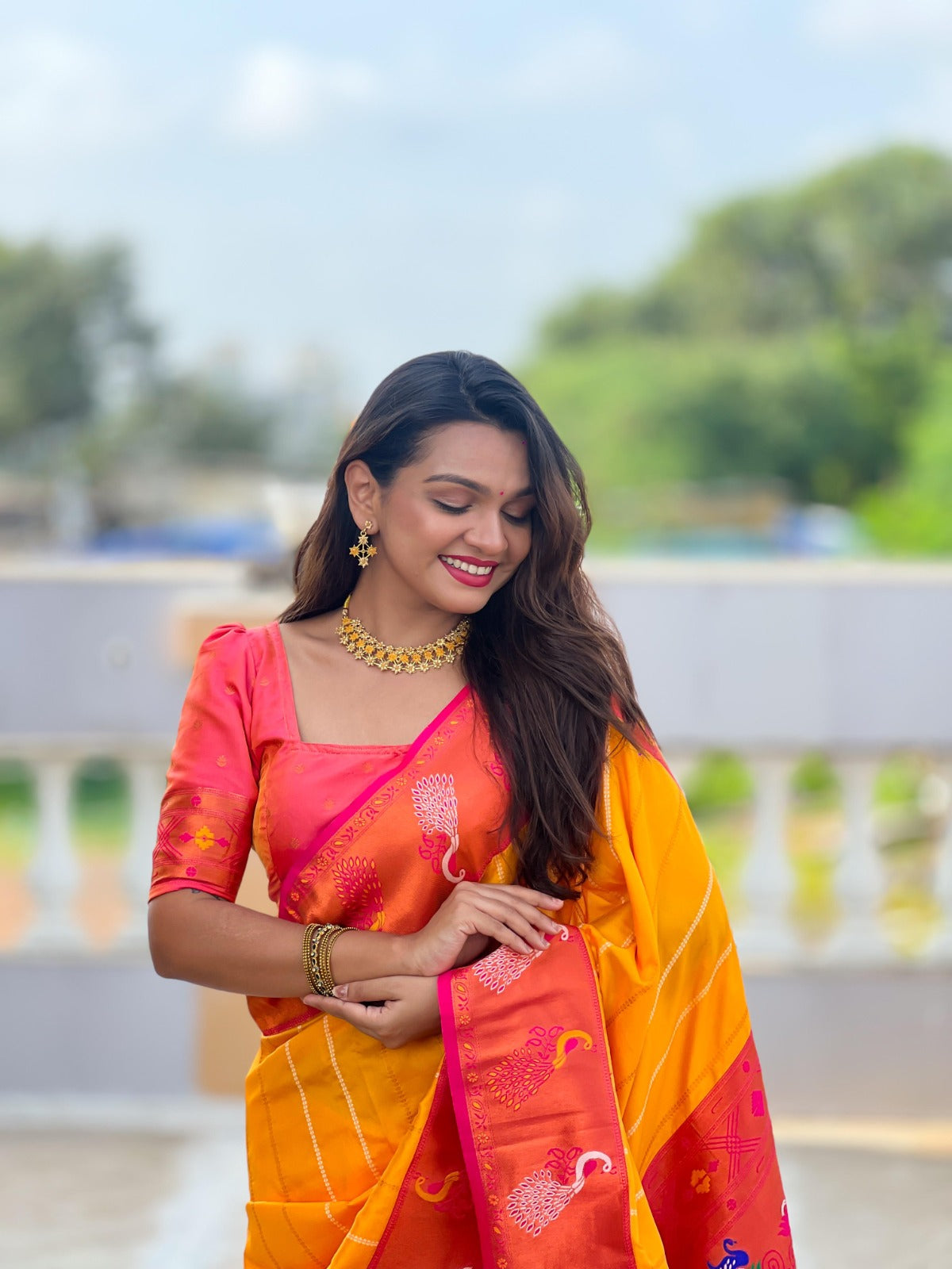 Women Mustard And Coral Paithani Soft Silk Saree