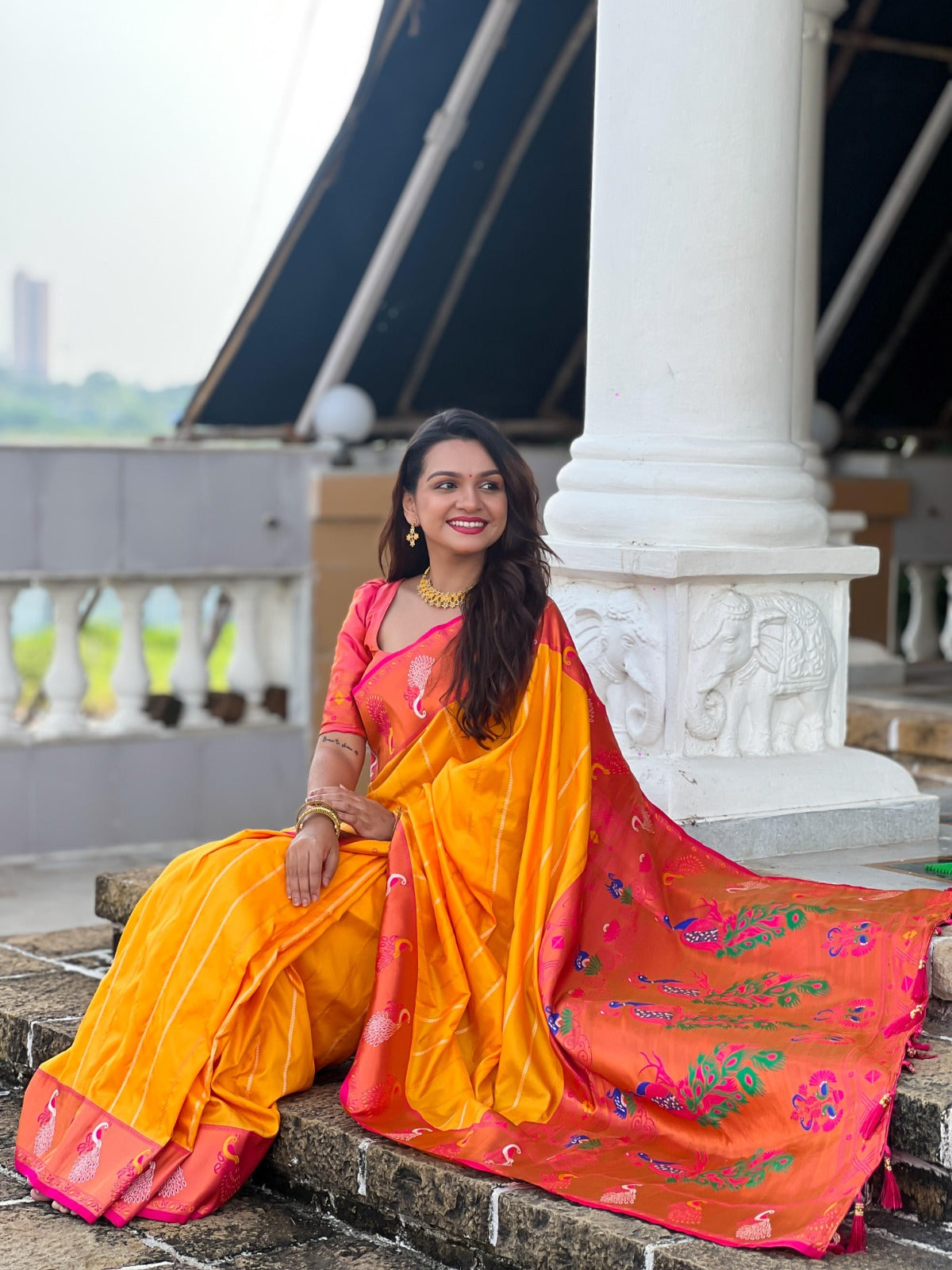 Women Mustard And Coral Paithani Soft Silk Saree