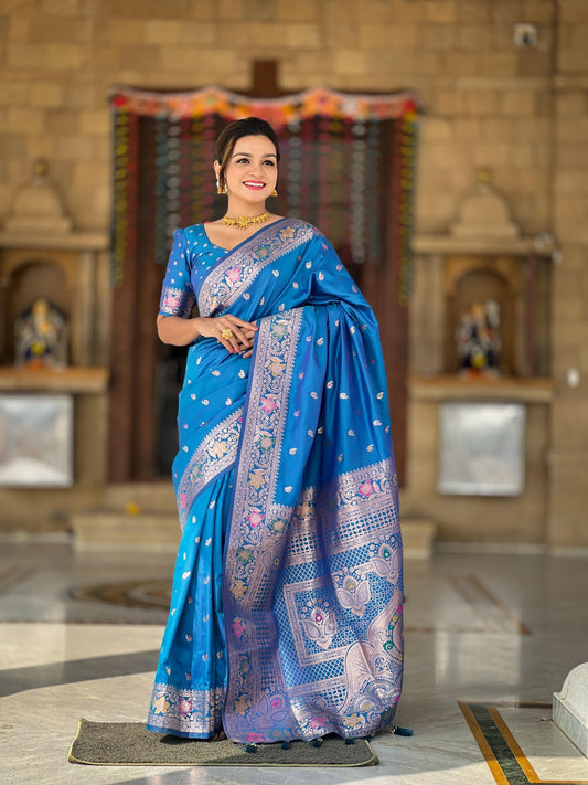 Women Blue Paithani Soft Saree Saree