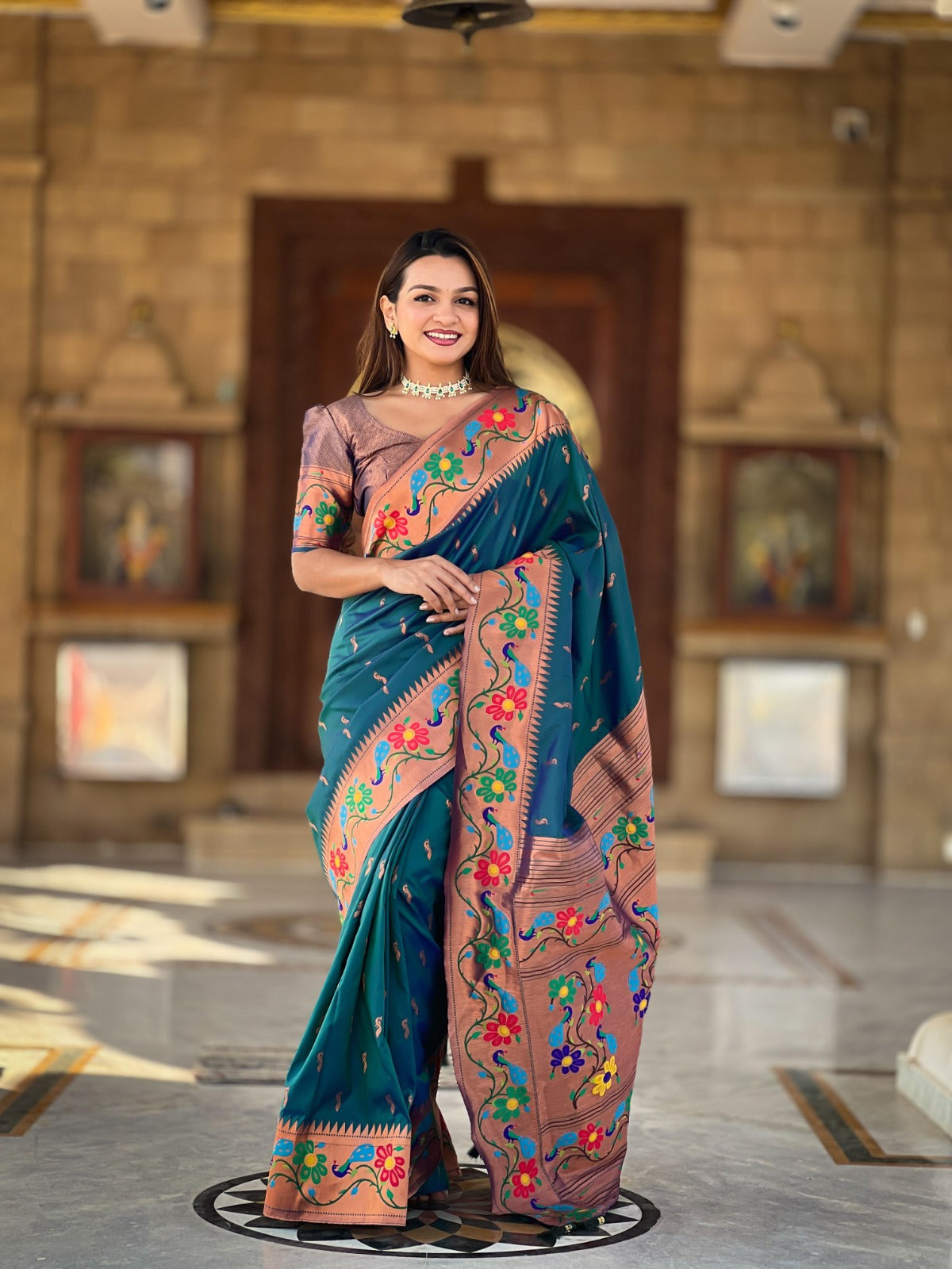 Women Teal Silk Meenakari Weaving Saree