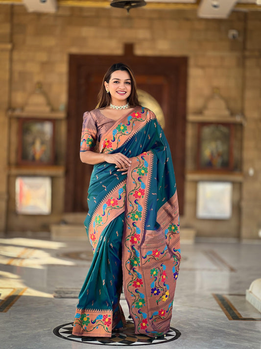Women Teal Silk Meenakari Weaving Saree