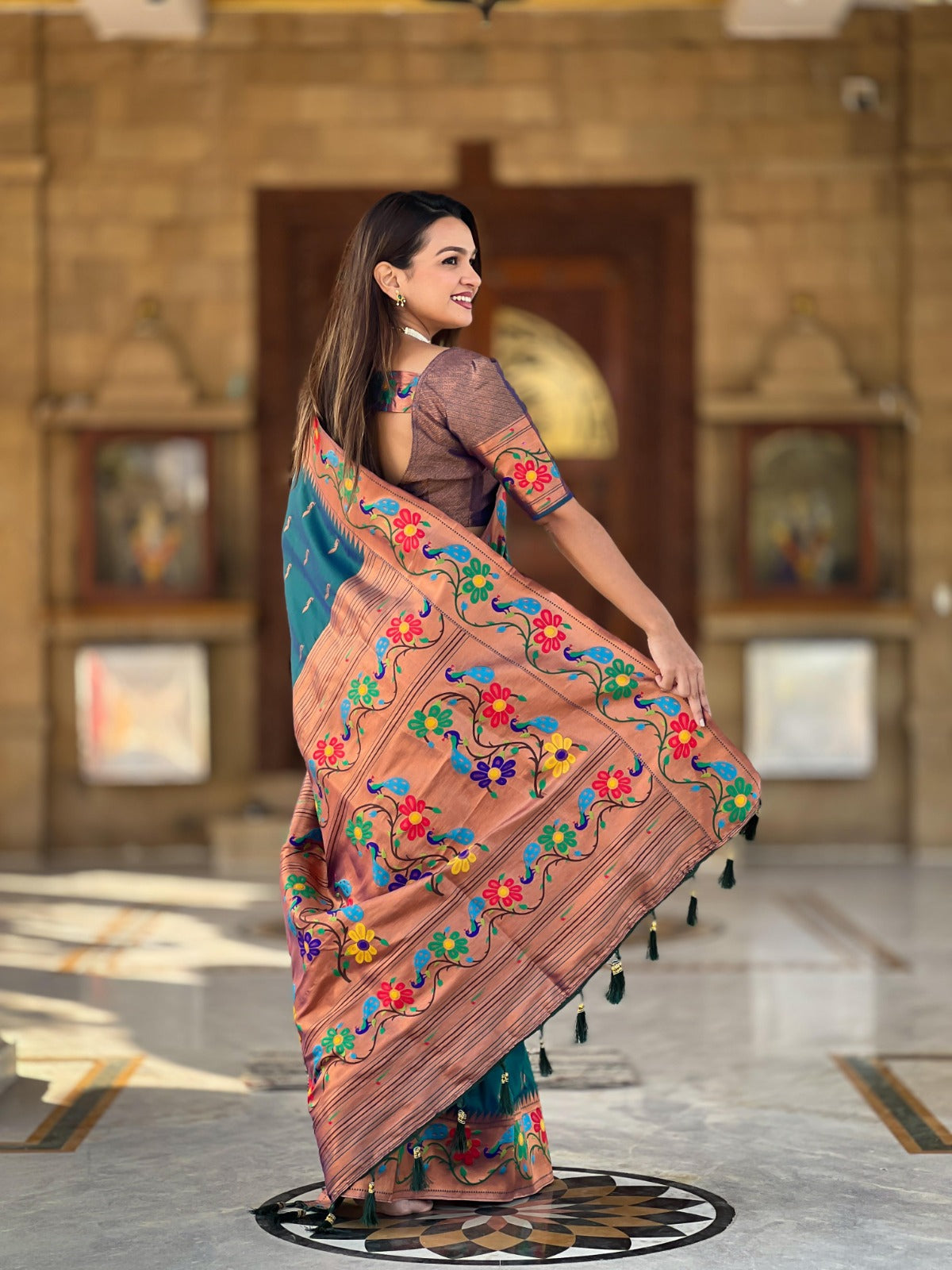 Women Teal Silk Meenakari Weaving Saree