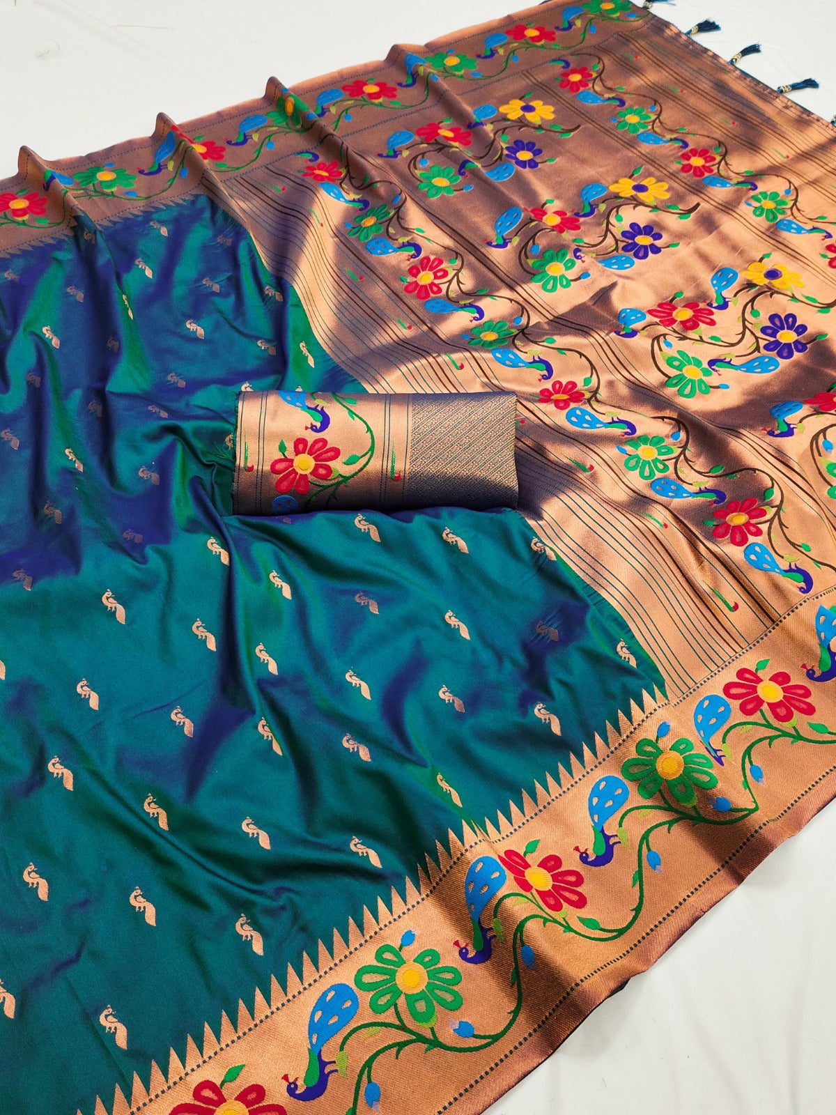 Women Teal Silk Meenakari Weaving Saree