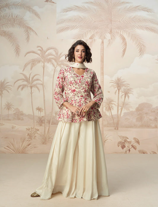 Women Cream Premium Chinnon Silk Gharara Bottom Suit Set
