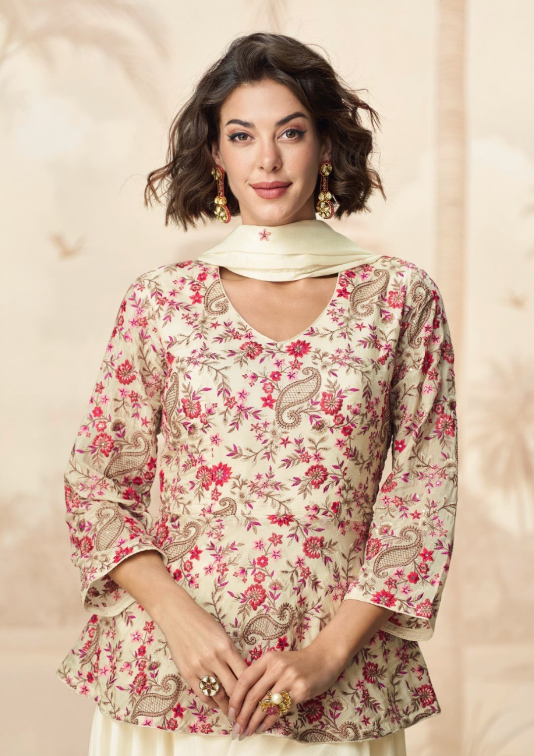 Women Cream Premium Chinnon Silk Gharara Bottom Suit Set