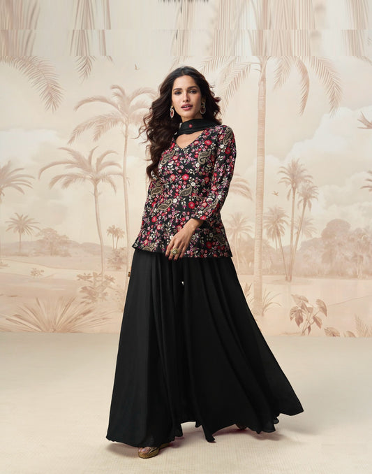 Women Black Premium Chinnon Silk Gharara Bottom Suit Set