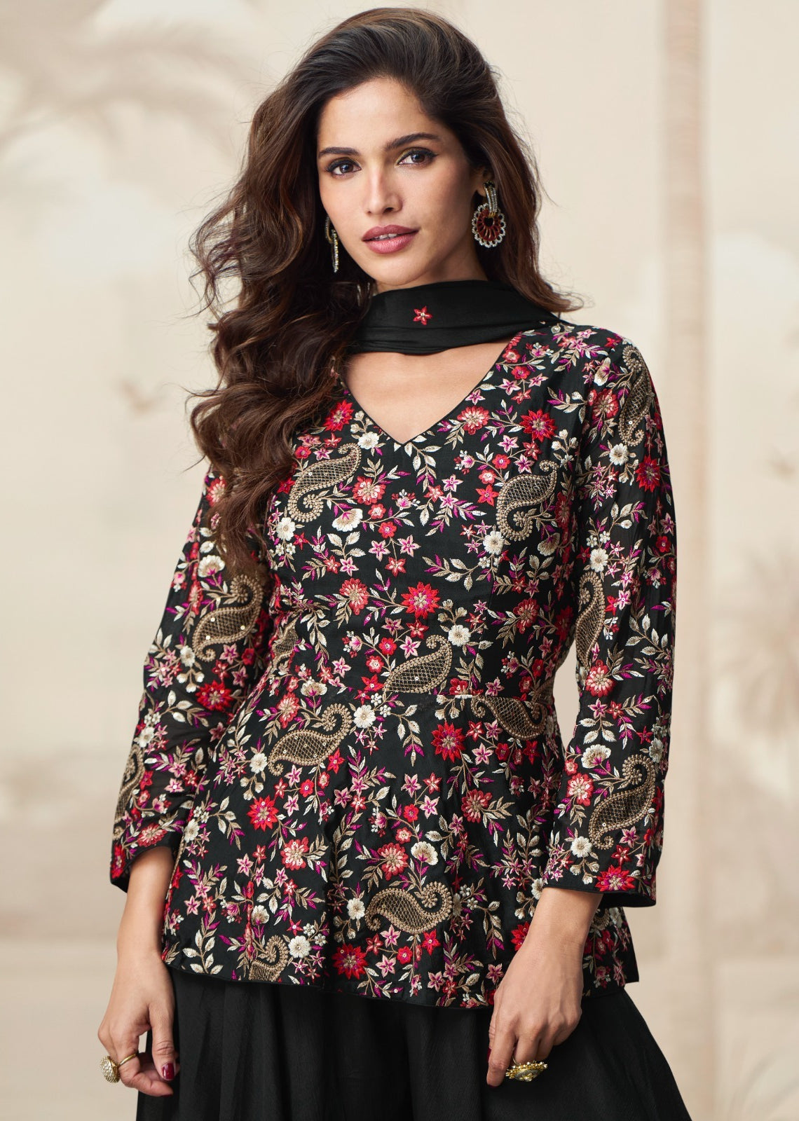 Women Black Premium Chinnon Silk Gharara Bottom Suit Set