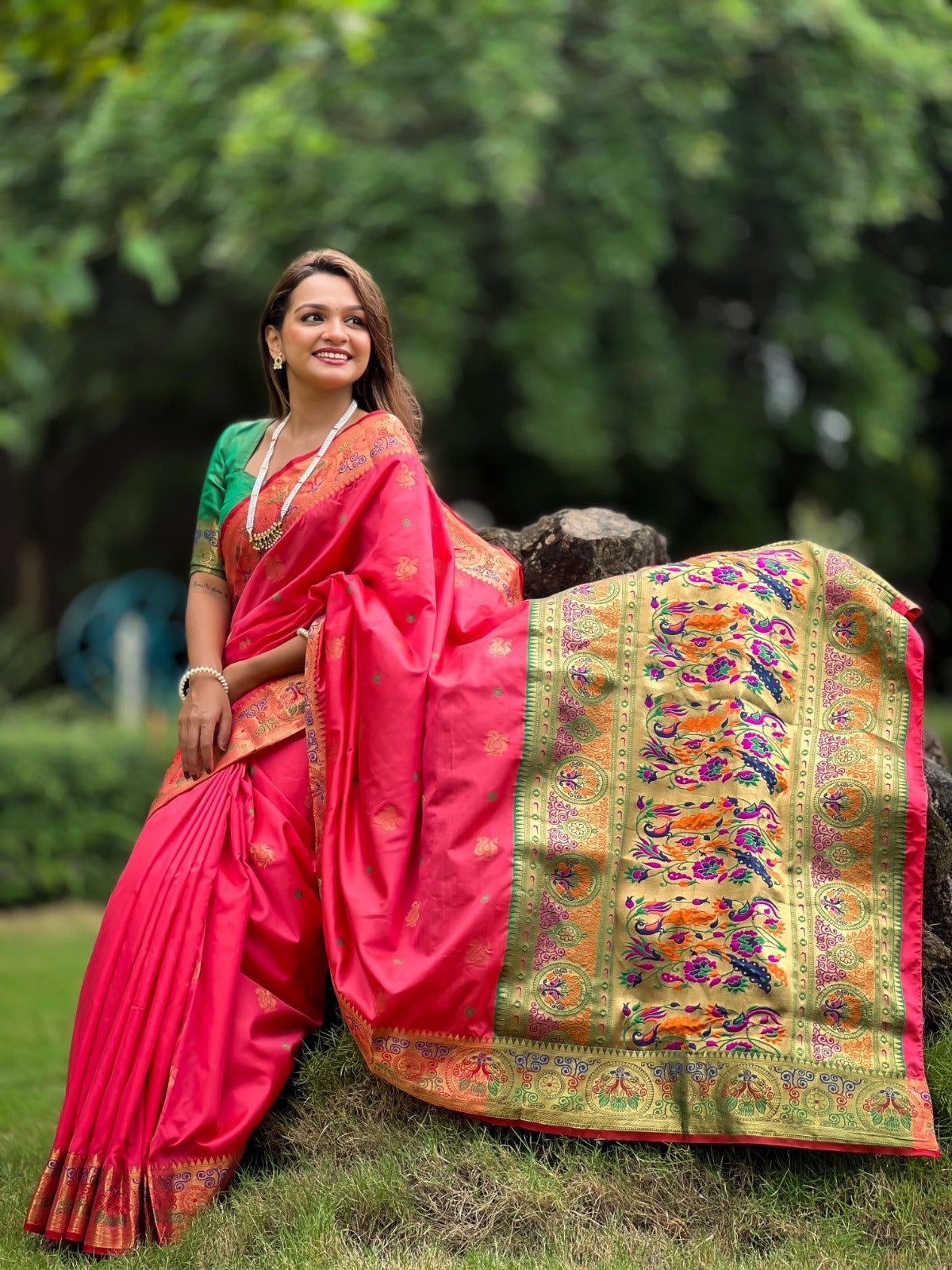 Women Pink And Green Silk Saree