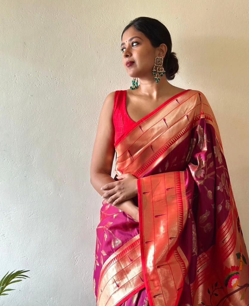 Women Pink And Red Banarasi Soft Silk Saree