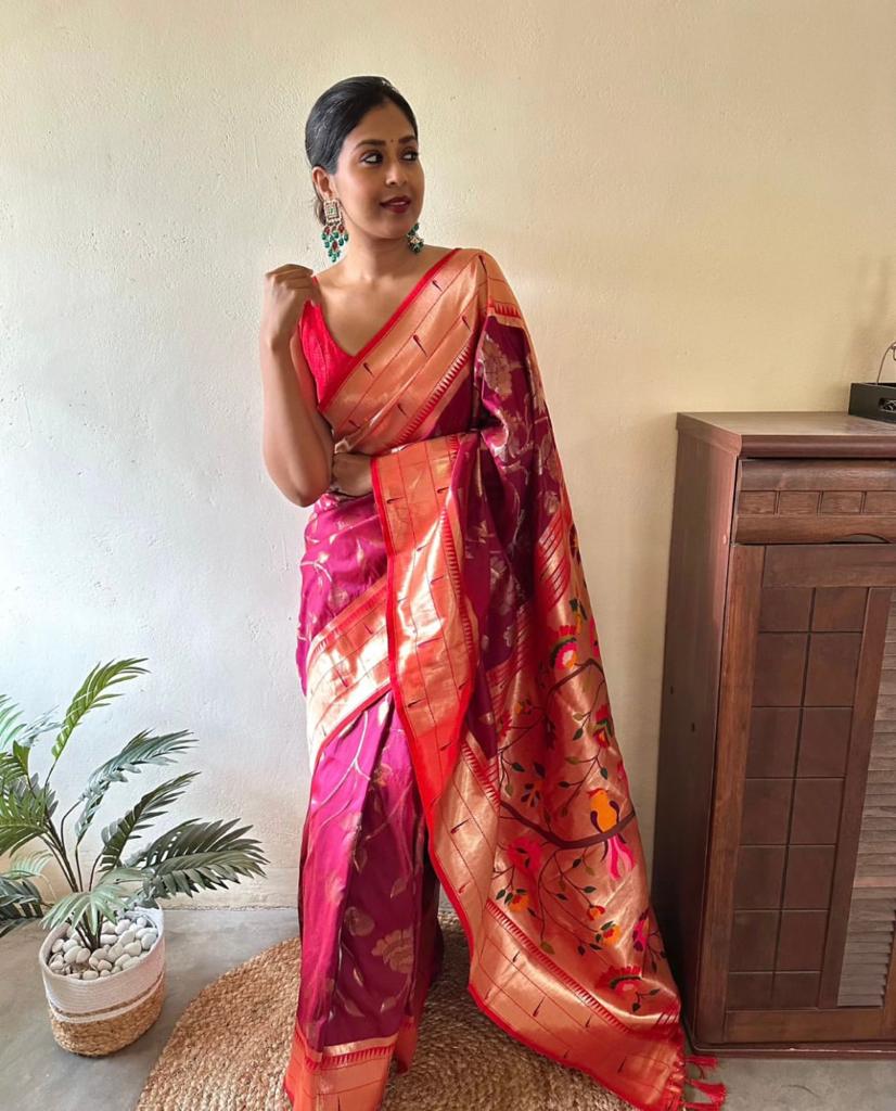 Women Pink And Red Banarasi Soft Silk Saree