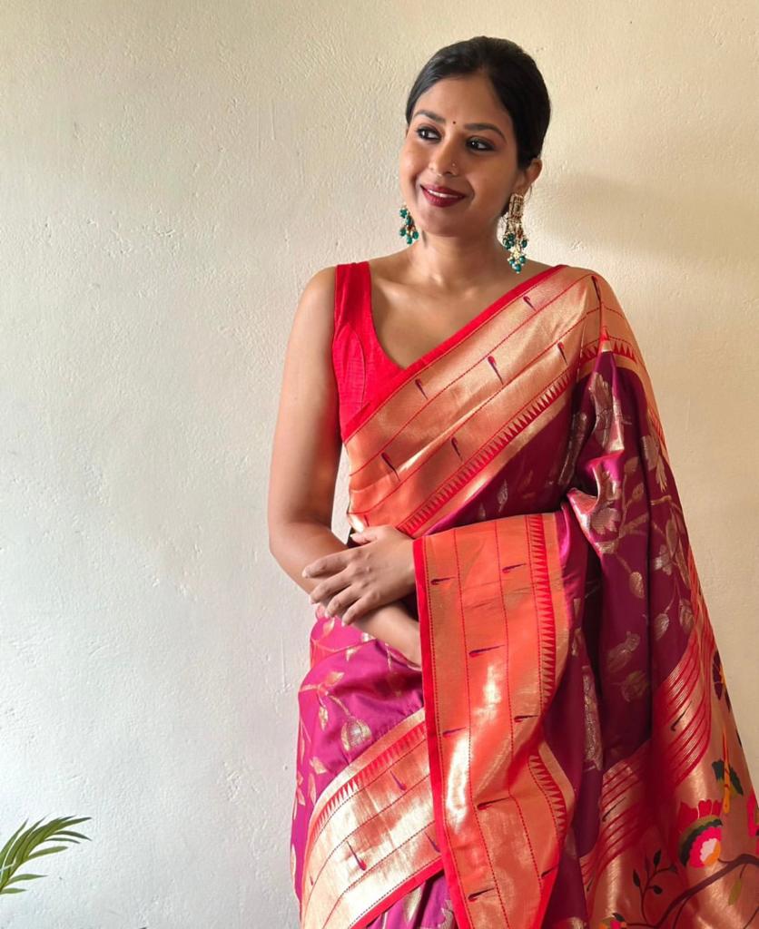 Women Pink And Red Banarasi Soft Silk Saree