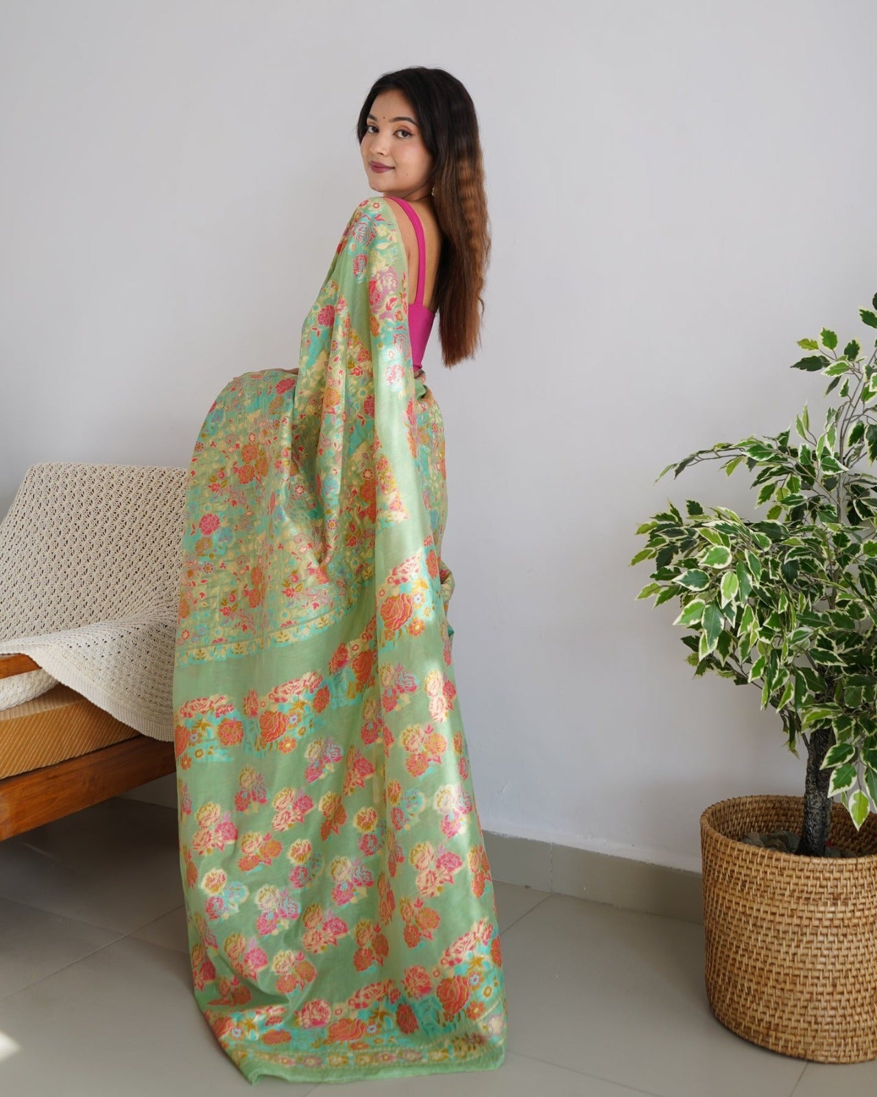 Women Sea Green Banarasi Soft Silk Saree