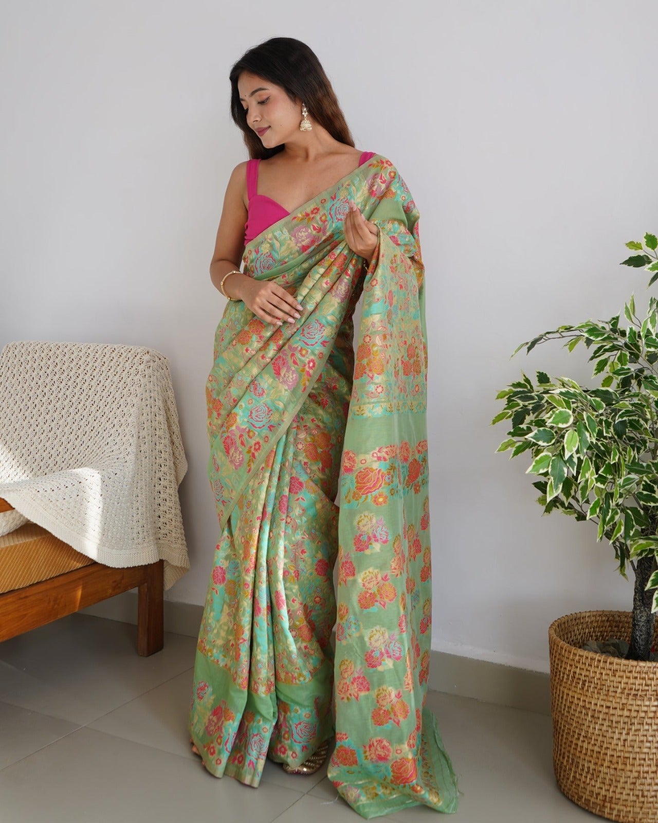 Women Sea Green Banarasi Soft Silk Saree