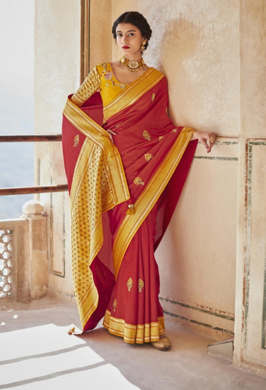 Contemporary Maroon And Mustard Premium Febric With Embroidery Or Swrovski Work Saree