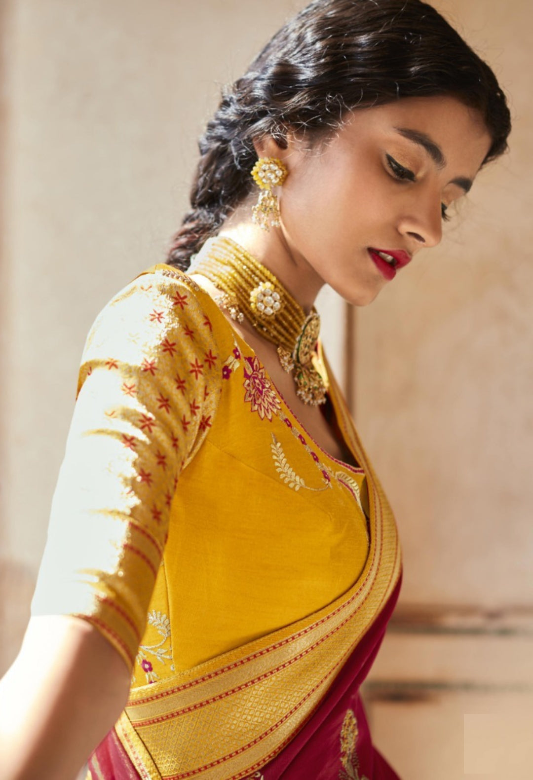 Contemporary Maroon And Mustard Premium Febric With Embroidery Or Swrovski Work Saree
