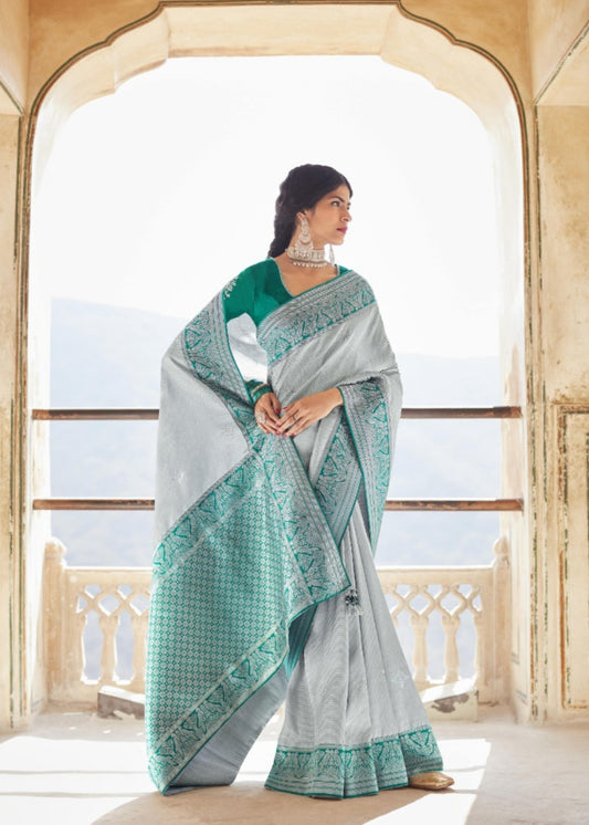 Understated Grey And Rama Green Premium Febric With Embroidery Or Swrovski Work Saree