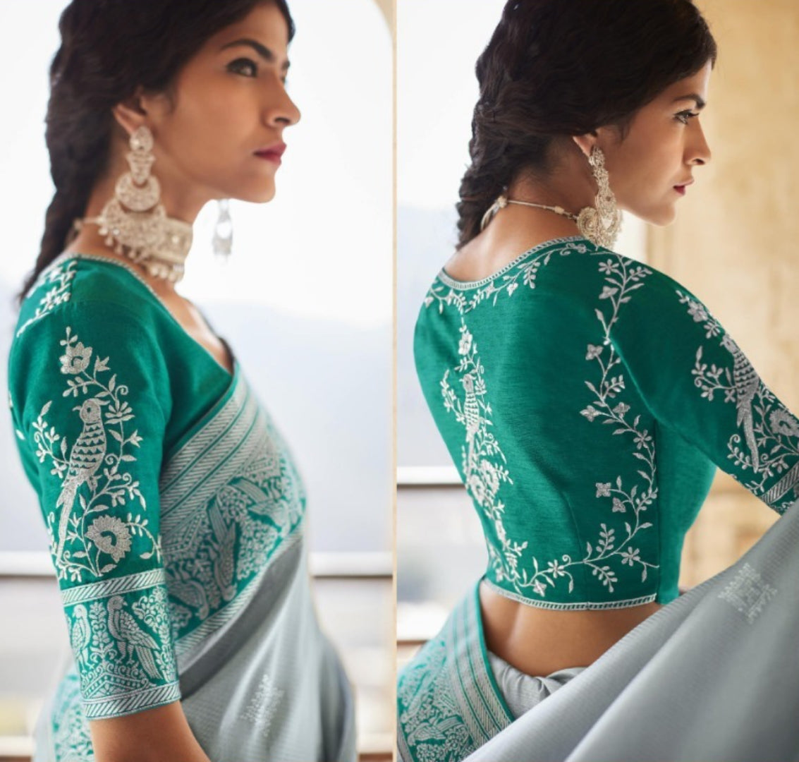 Understated Grey And Rama Green Premium Febric With Embroidery Or Swrovski Work Saree