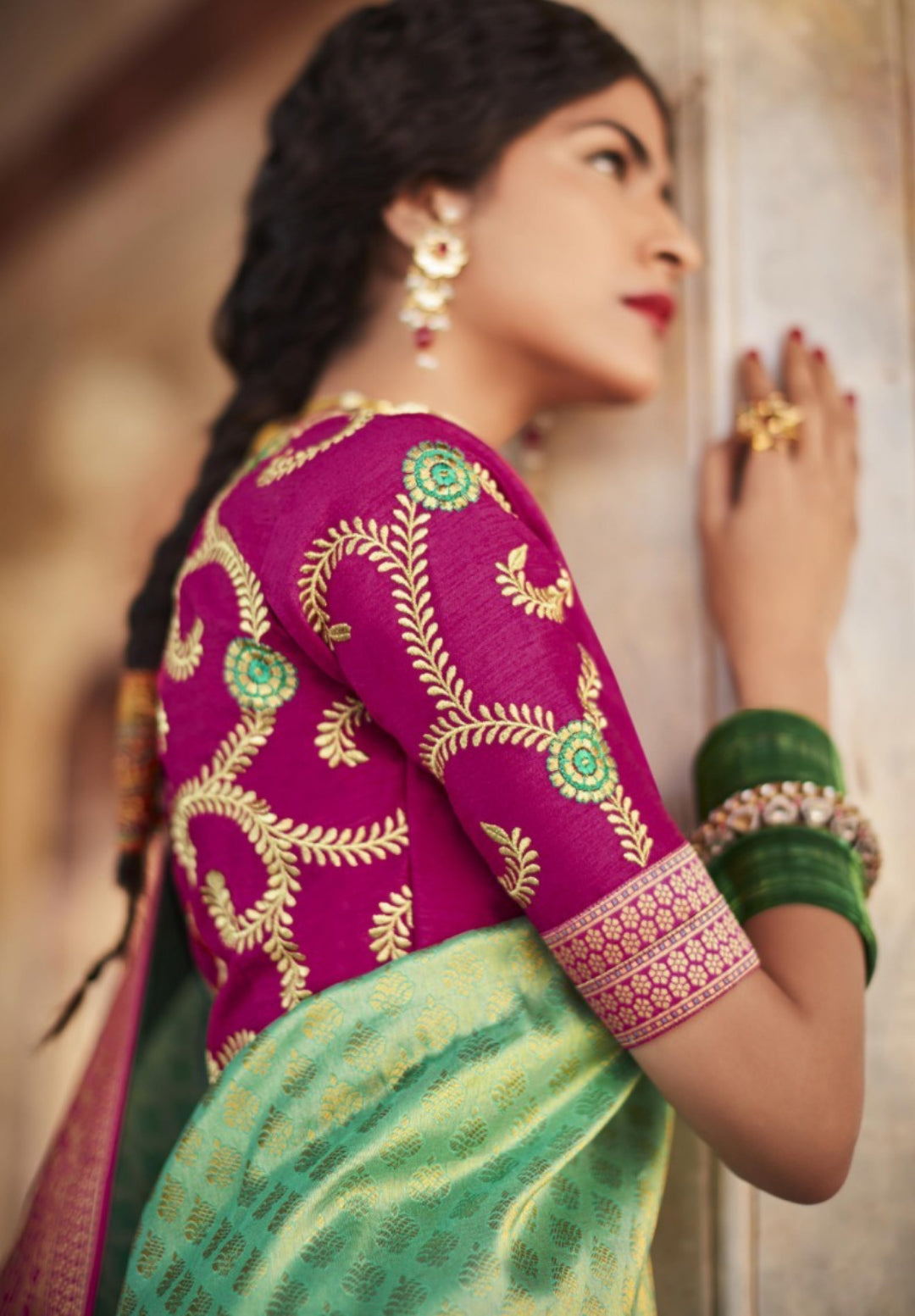 Alluring Green And Purple Premium Febric With Embroidery Or Swrovski Work Saree