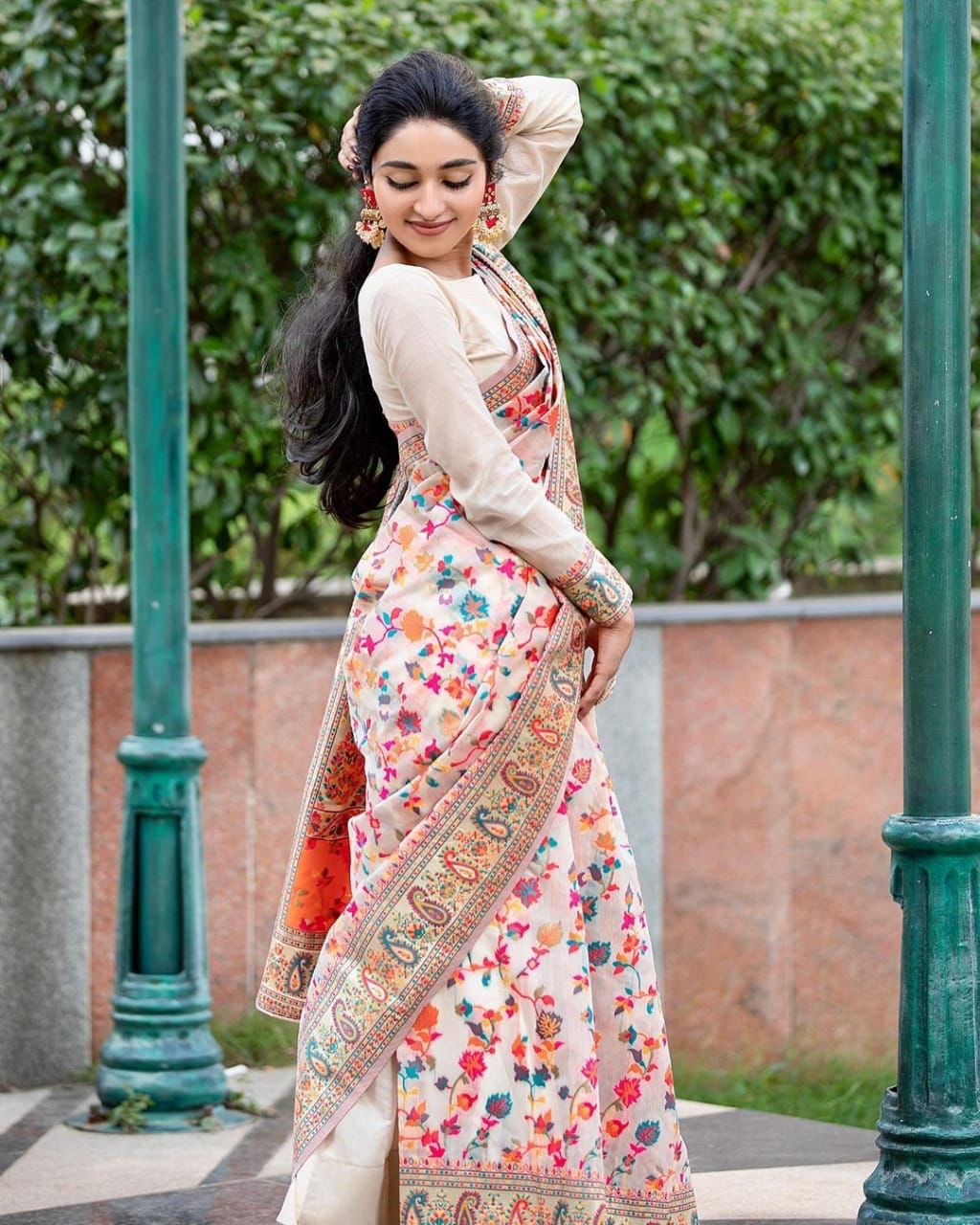 Women Off White Multi Banarasi Soft Silk Saree