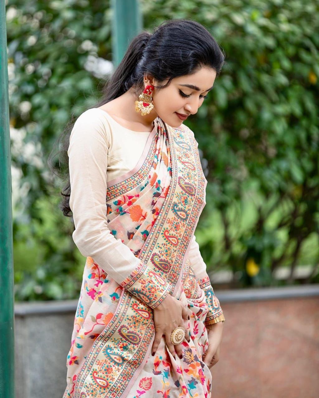 Women Off White Multi Banarasi Soft Silk Saree