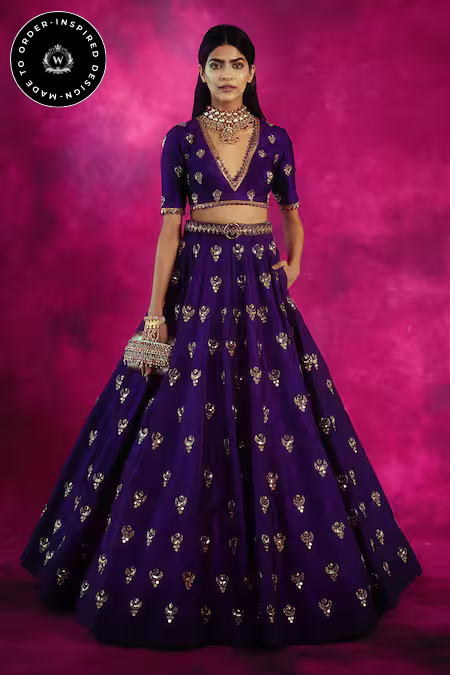 Purple Silk Hand Embroidered Lehenga
