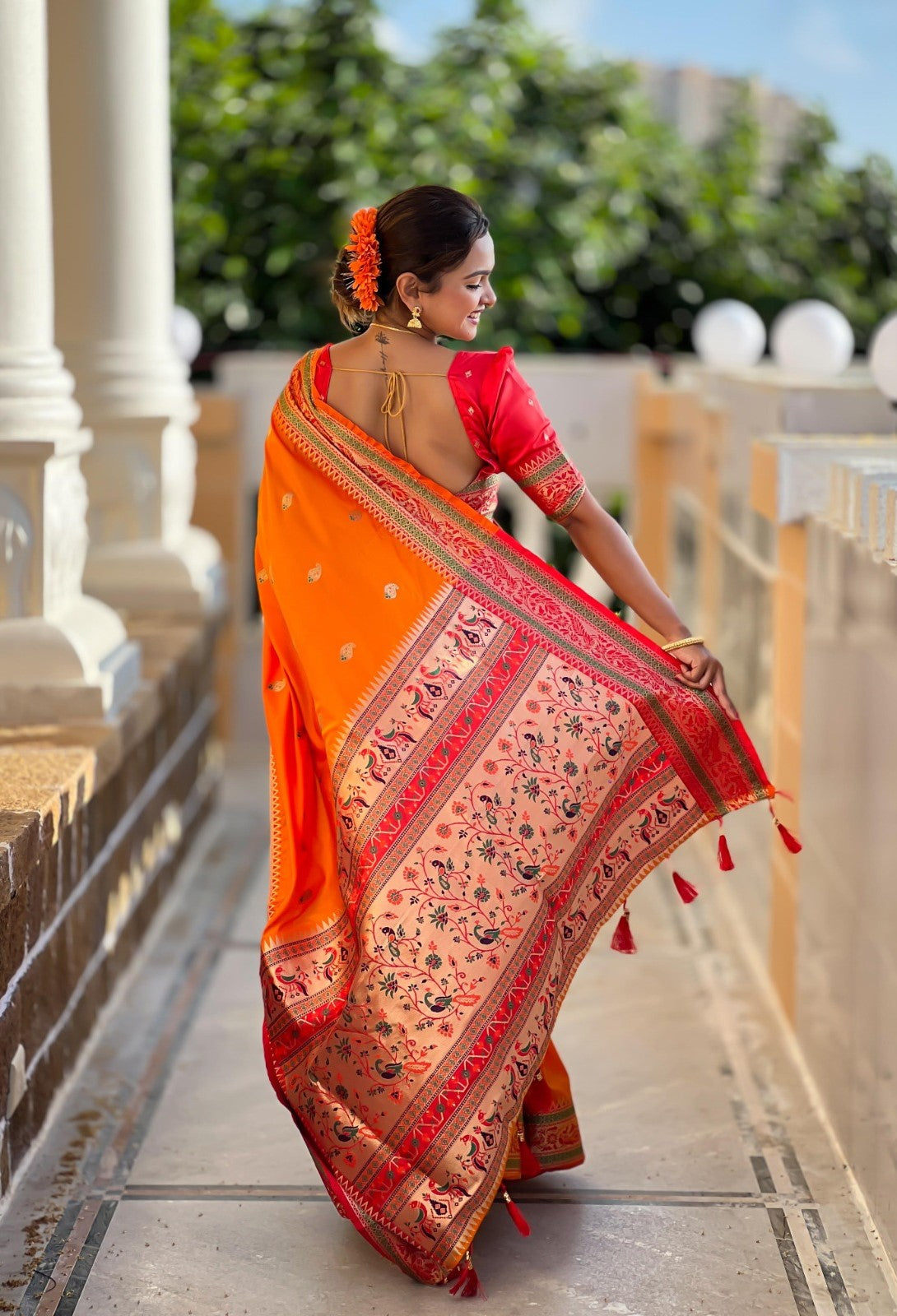 Women Orange And Red Pethani Silk Zari And Minakari Work Saree
