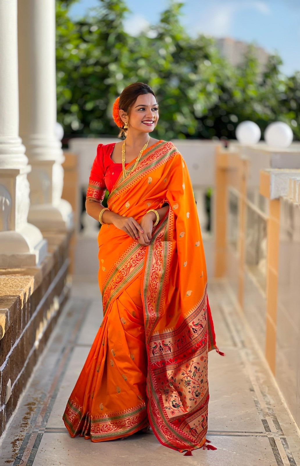 Women Orange And Red Pethani Silk Zari And Minakari Work Saree