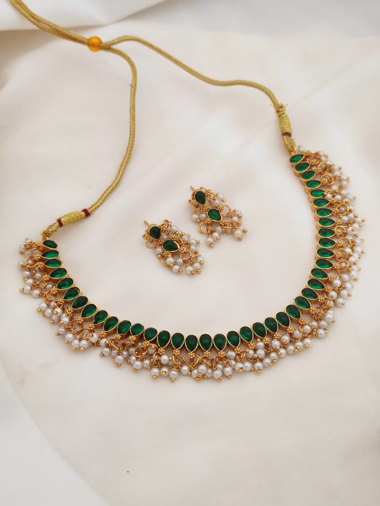Elegant Green Stone Studded Choker Necklace Set