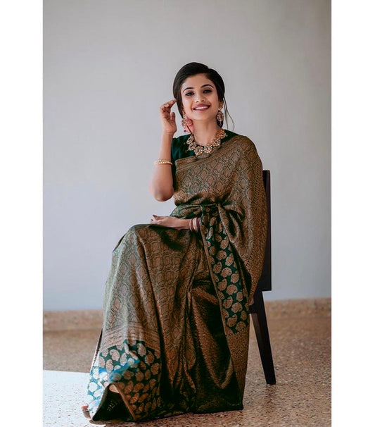 Women Dark Green Banarasi Soft Silk Saree