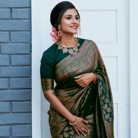 Women Dark Green Banarasi Soft Silk Saree