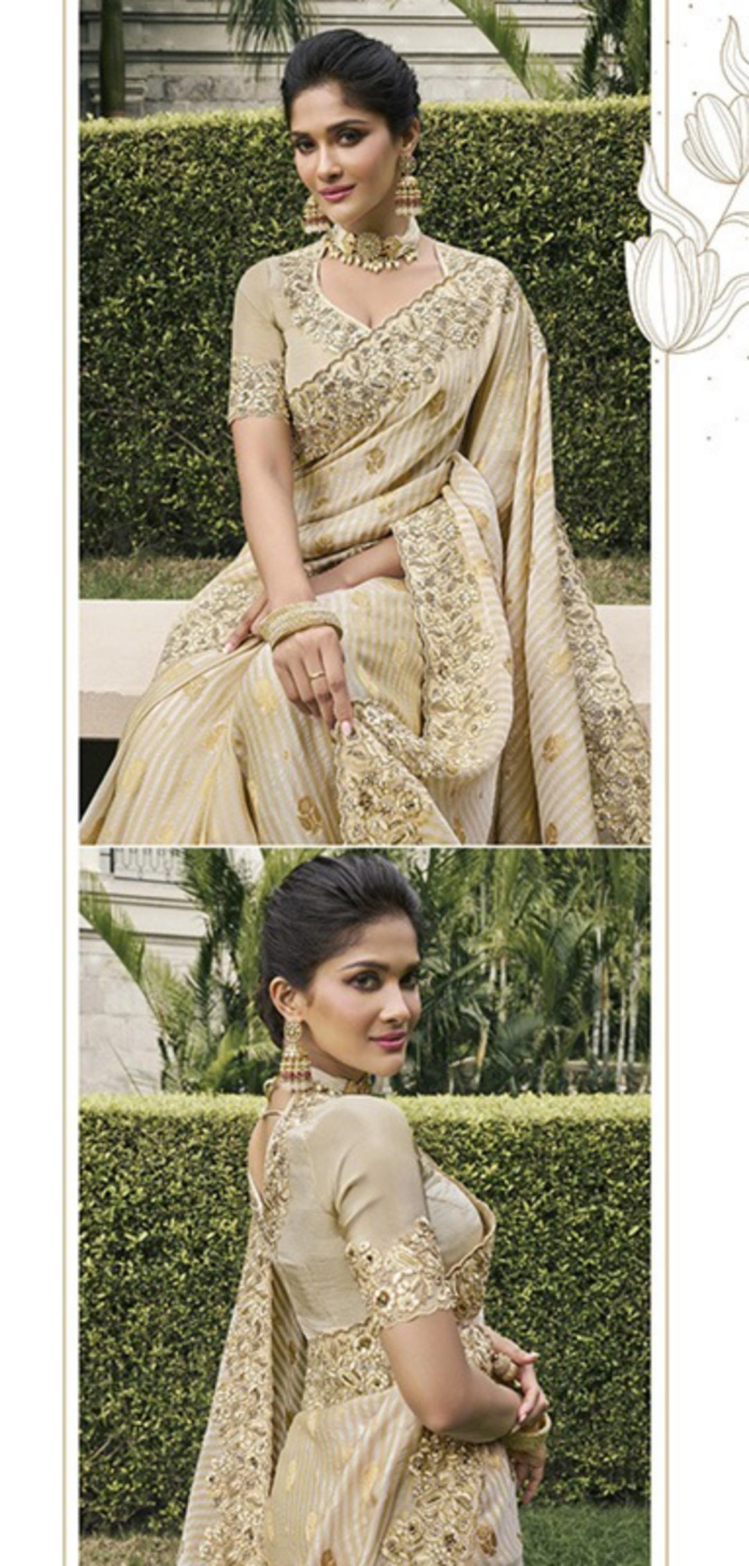 Luxurious Beige Pure Tissue Silk Fabric With Embroidery Bridal Heritage Saree