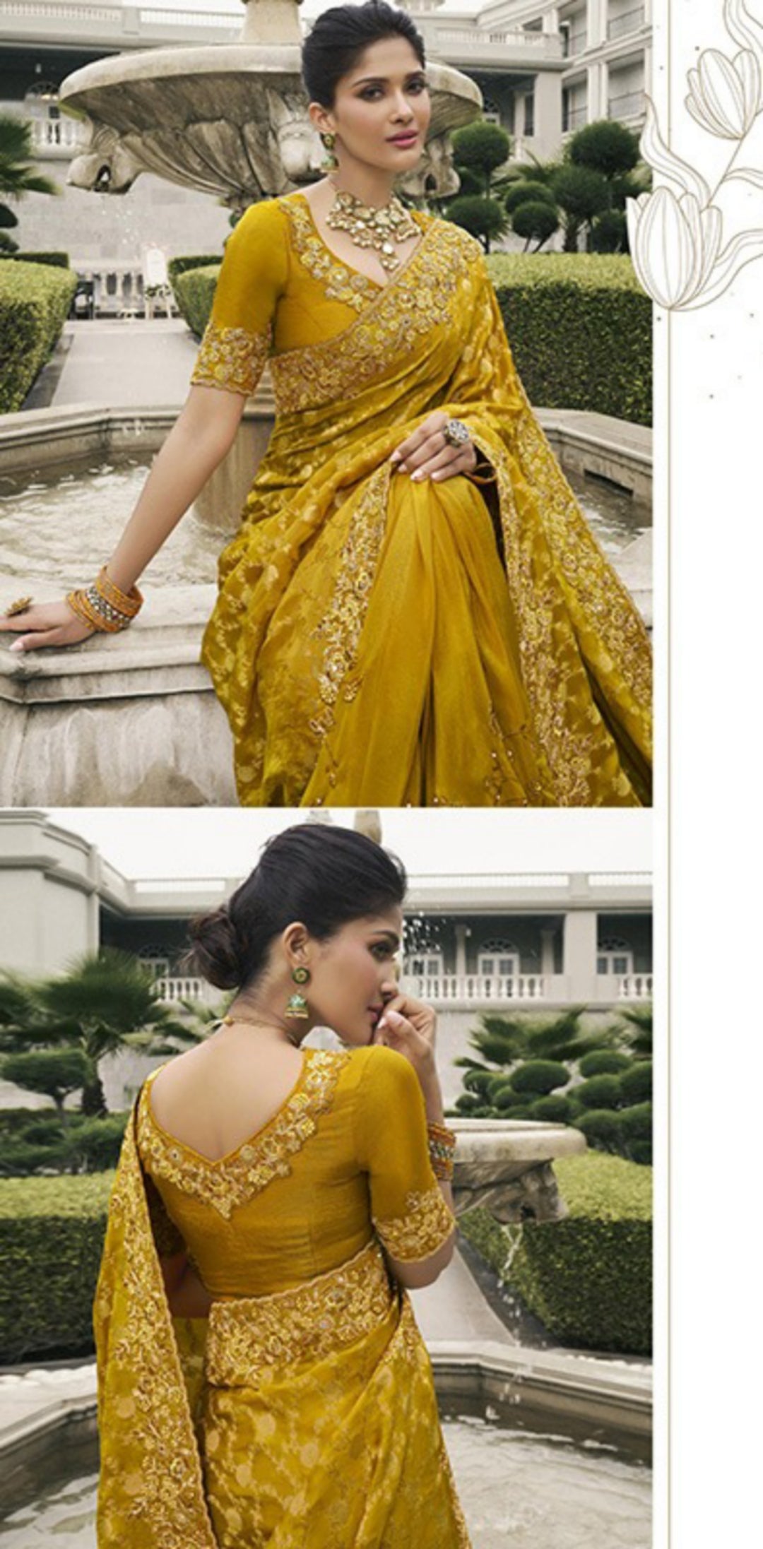 Refined Mustard Pure Tissue Silk Fabric With Embroidery Bridal Heritage Saree