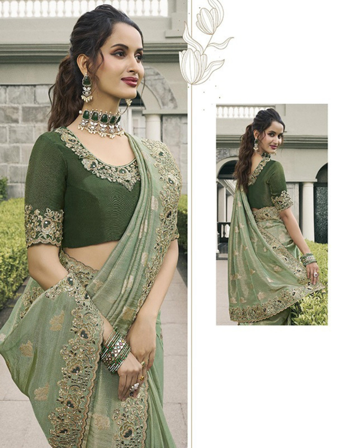 Tailored Green Pure Tissue Silk Fabric With Embroidery Bridal Heritage Saree