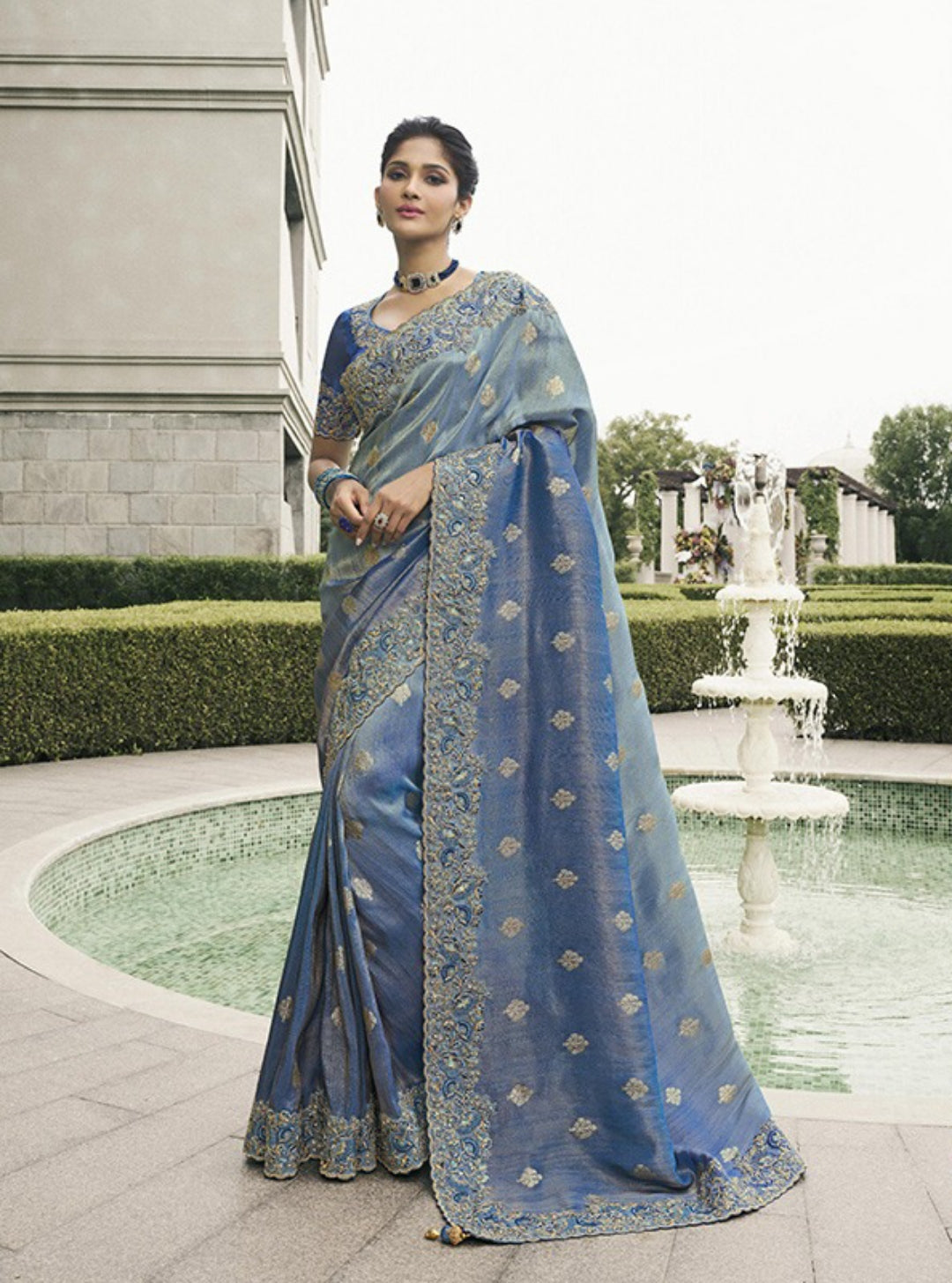 Opulent Royal Blue Pure Tissue Silk Fabric With Embroidery Bridal Heritage Saree