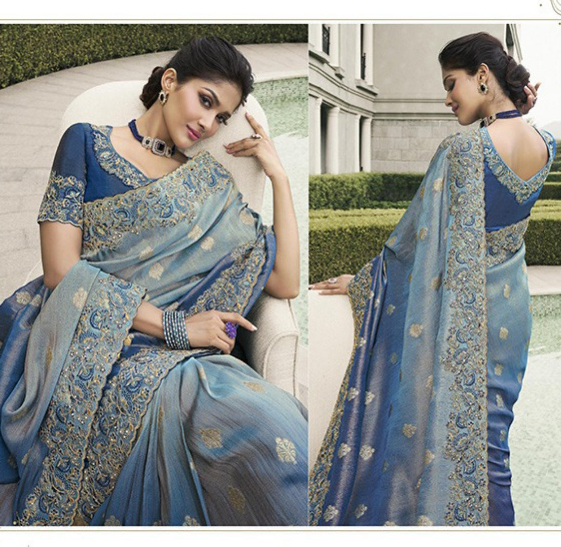 Opulent Royal Blue Pure Tissue Silk Fabric With Embroidery Bridal Heritage Saree