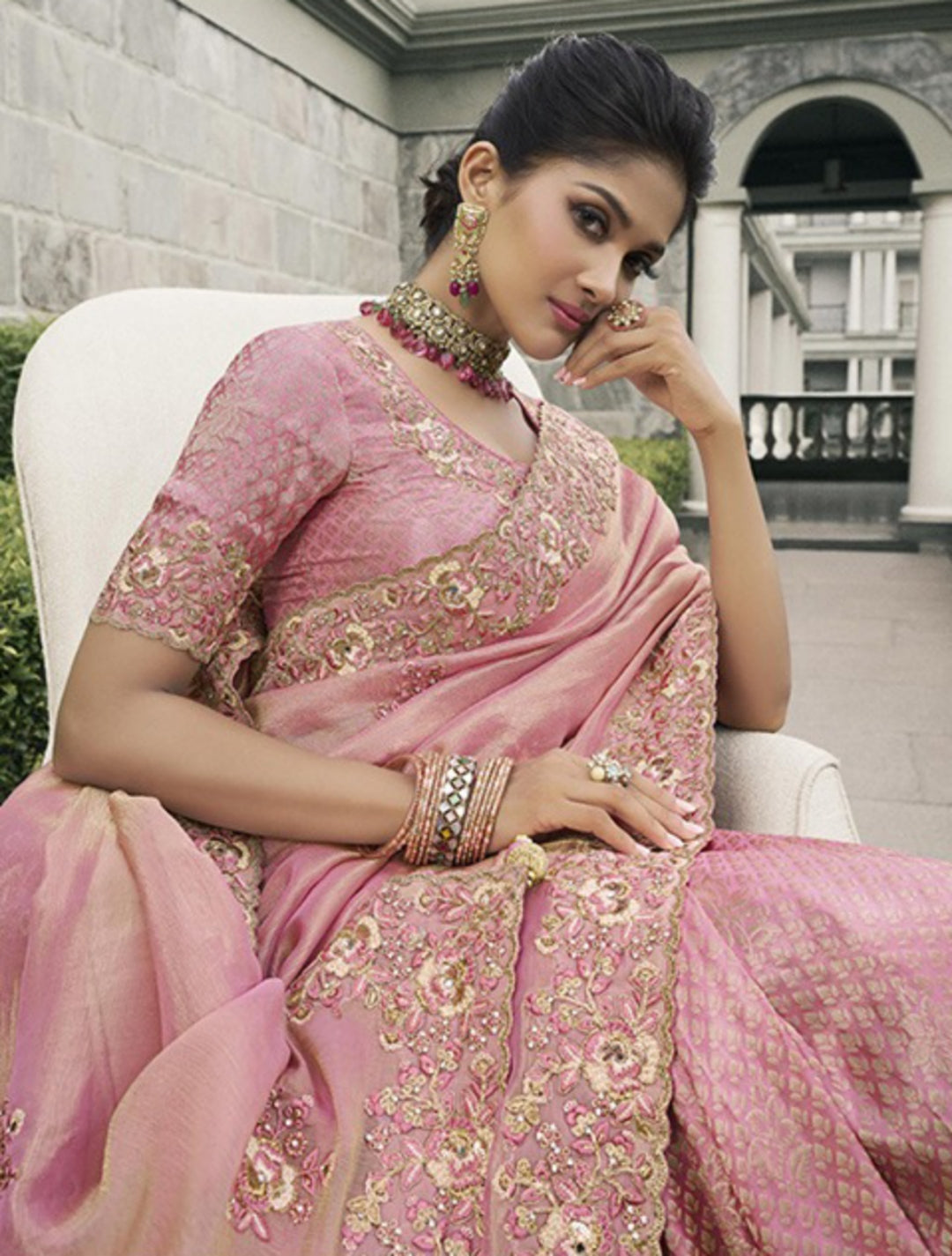 Graceful Baby Pink Pure Tissue Silk Fabric With Embroidery Bridal Heritage Saree