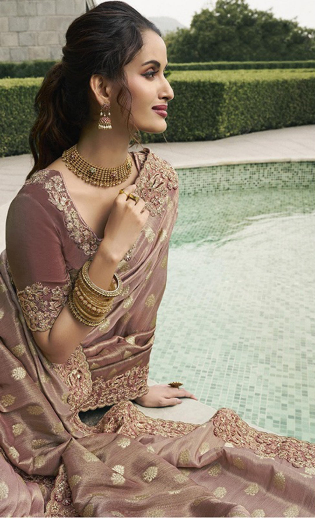 Dazzling Mauve Pure Tissue Silk Fabric With Embroidery Bridal Heritage Saree