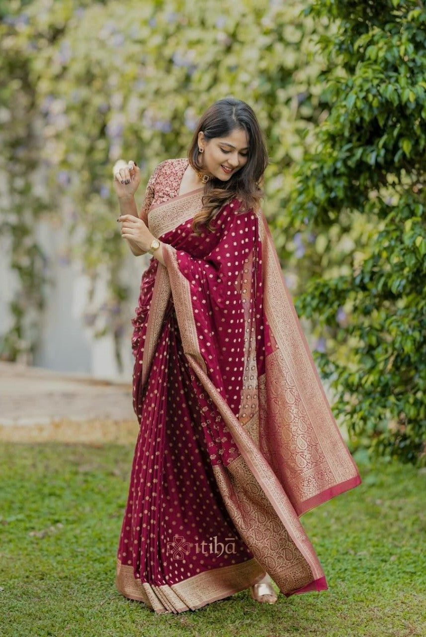 Women Burgundy Silk Golden Zari Work Saree