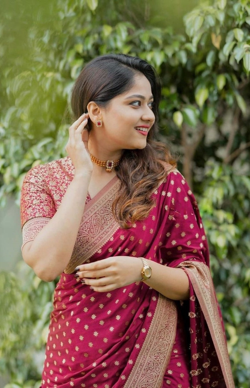 Women Burgundy Silk Golden Zari Work Saree