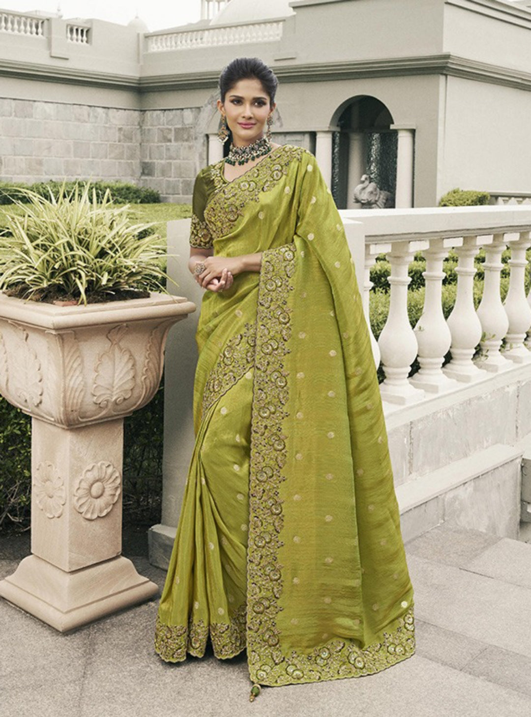Flawless Pista Green Pure Tissue Silk Fabric With Embroidery Bridal Heritage Saree