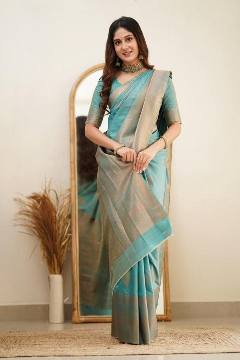 Women Sky Blue Banarasi Soft Silk Saree