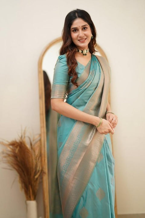 Women Sky Blue Banarasi Soft Silk Saree