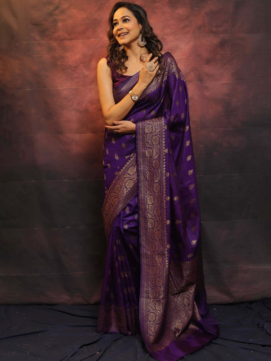 Women Dark Purple Banarasi Soft Silk Saree