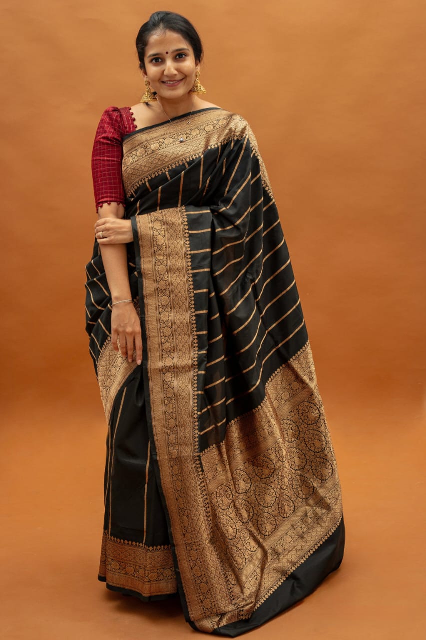 Women Black Silk Golden Zari Weaving Saree