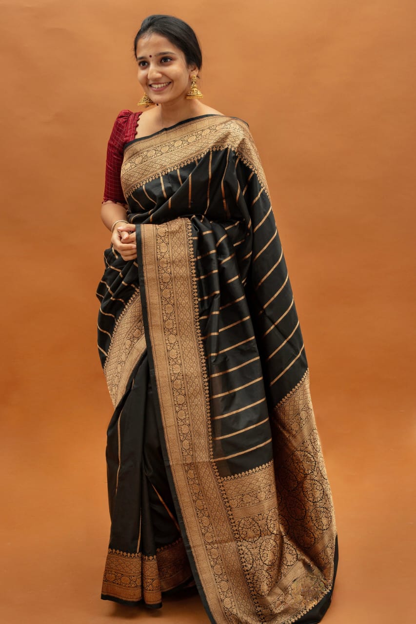Women Black Silk Golden Zari Weaving Saree