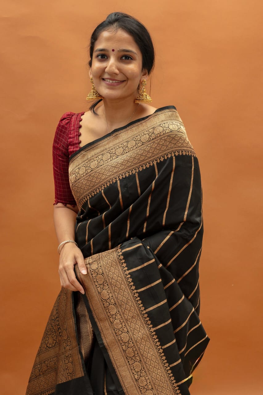 Women Black Silk Golden Zari Weaving Saree