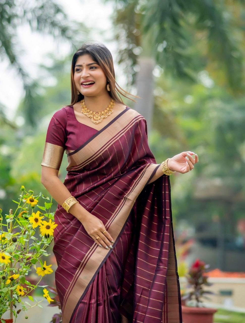 Women Burgundy Silk Festive Wear Saree