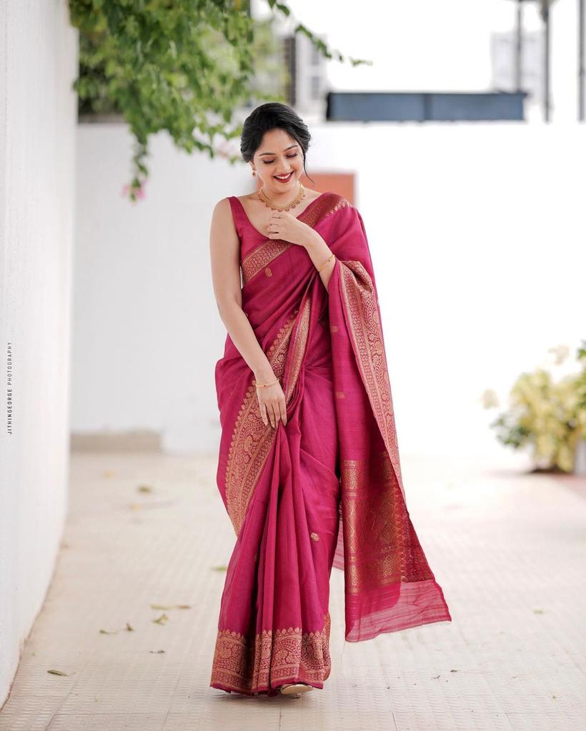 Women Pink Banarasi Soft Silk Saree